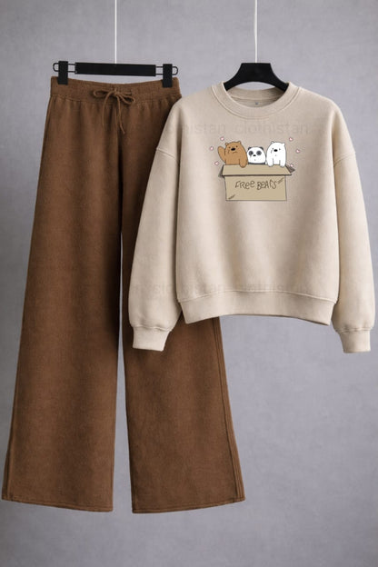 Free Bear Printed Sweatshirt & Wide-Leg Sweatpants Pack of Two