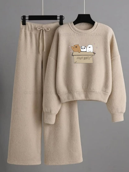 Free Bear Printed Sweatshirt & Wide-Leg Sweatpants Pack of Two
