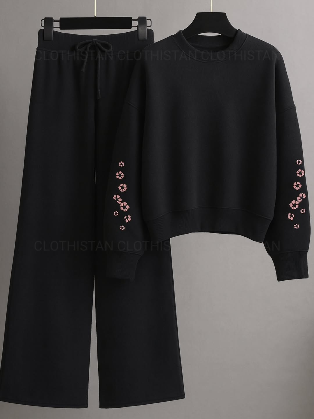 Sleeves Pink Flower Printed Sweatshirt & Wide-Leg Sweatpants Pack of Two
