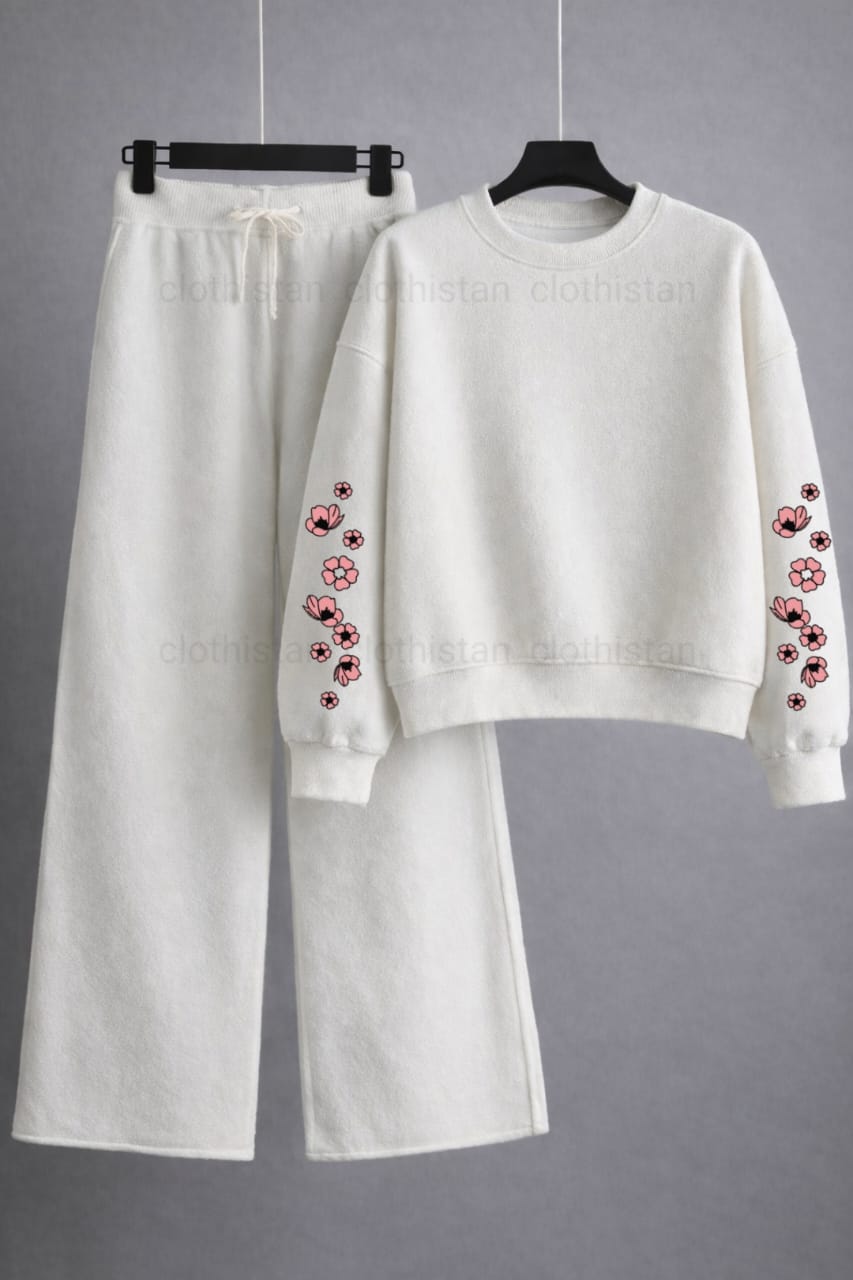 Sleeves Pink Flower Printed Sweatshirt & Wide-Leg Sweatpants Pack of Two