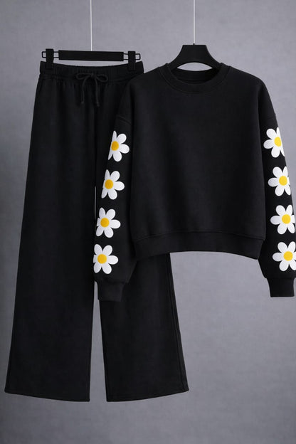 Sleeves Sunflower Printed Sweatshirt & Wide-Leg Sweatpants Pack of Two