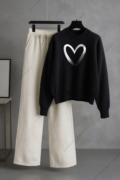 Shaded Heart Center Printed Sweatshirt & White Wide-Leg Sweatpants Pack of Two