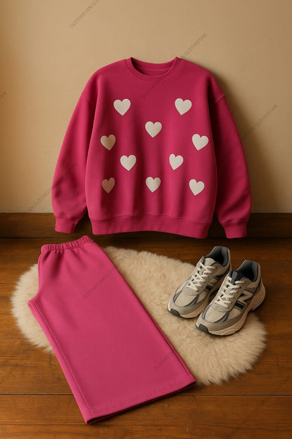 White Filled Heart Allover Printed Sweatshirt & Shocking Pink Wide-Leg Sweatpants Pack of Two
