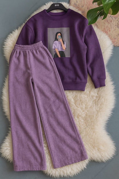 Purple Background Girl Printed Sweatshirt & Lilac Wide-Leg Sweatpants Pack of Two
