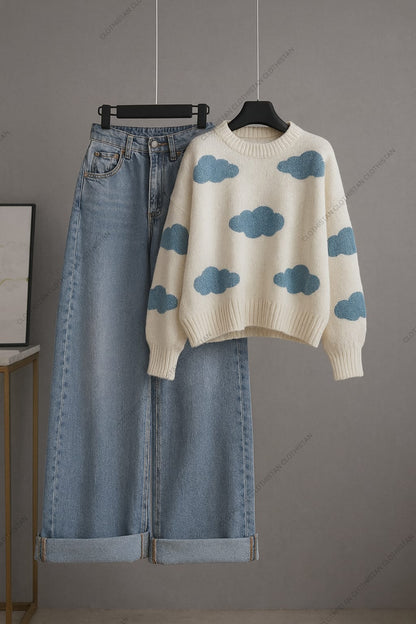 Clouds Printed Sweatshirt & Ice blue Wide leg Jeans Pack of Two