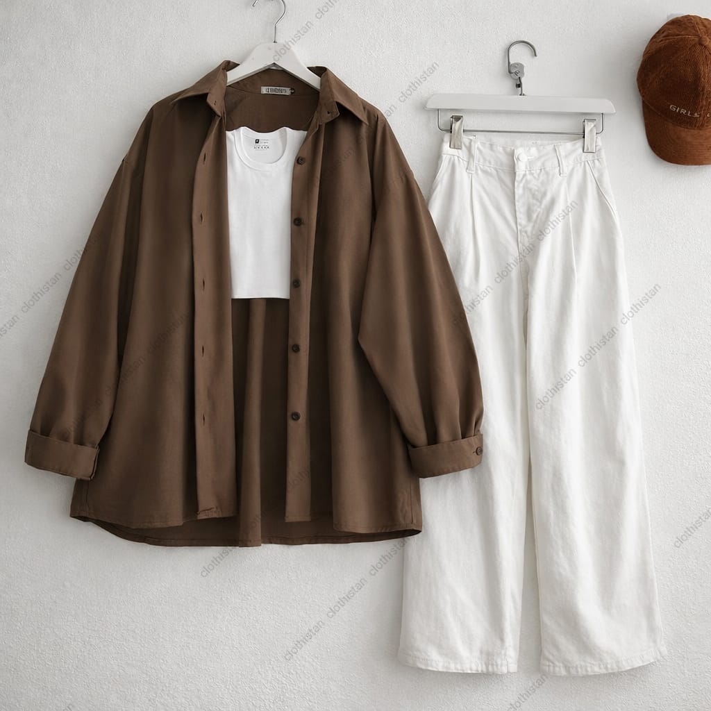 Button-Down Shirt, Rib-Knitted Tank Top & White Wide-Leg Jeans Pack of Three