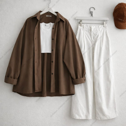 Button-Down Shirt, Rib-Knitted Tank Top & White Wide-Leg Jeans Pack of Three