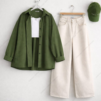 Button-Down Shirt, Rib-Knitted Tank Top & Beige Wide-Leg Jeans Pack of Three
