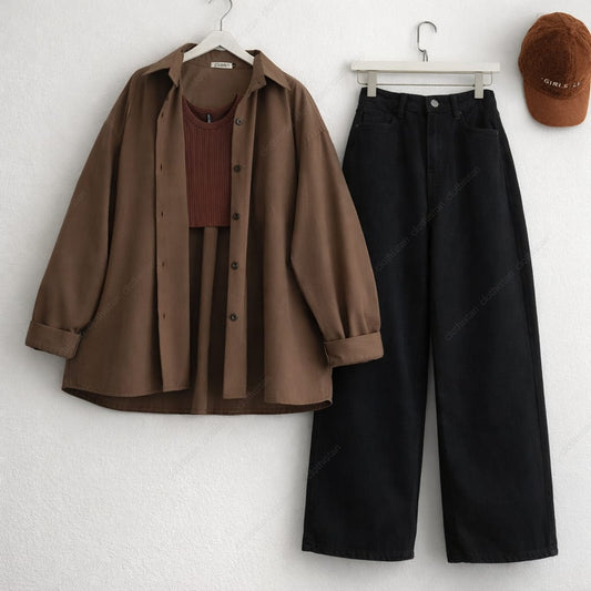 Button-Down Shirt, Rib-Knitted Tank Top & Wide-Leg Jeans Pack of Three