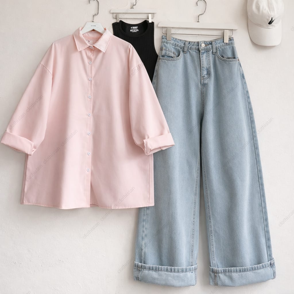 Button-Down Shirt, Rib-Knitted Tank Top & Wide-Leg Jeans Pack of Three