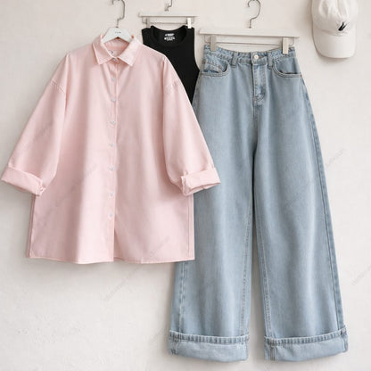 Button-Down Shirt, Rib-Knitted Tank Top & Wide-Leg Jeans Pack of Three