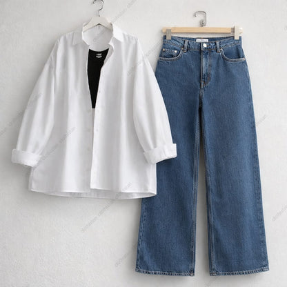 Button-Down Shirt, Rib-Knitted Tank Top & Wide-Leg Jeans Pack of Three