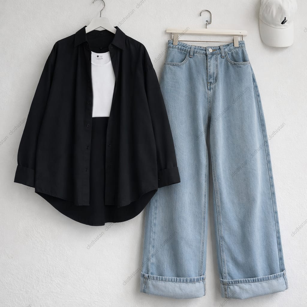 Button-Down Shirt, Rib-Knitted Tank Top & Wide-Leg Jeans Pack of Three