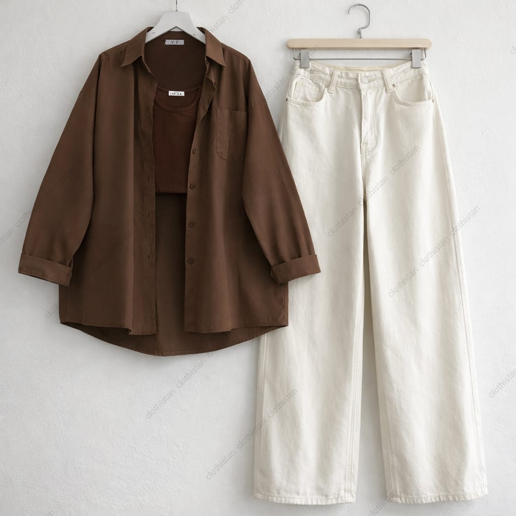 Button-Down Shirt, Rib-Knitted Tank Top & Wide-Leg Jeans Pack of Three