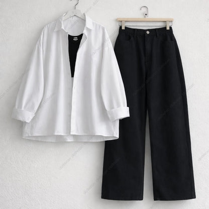 Button-Down Shirt, Rib-Knitted Tank Top & Wide-Leg Jeans Pack of Three