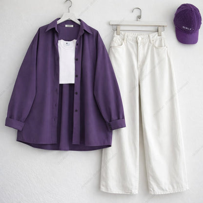 Button-Down Shirt, Rib-Knitted Tank Top & Wide-Leg Jeans Pack of Three