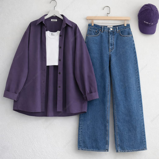 Button-Down Shirt, Rib-Knitted Tank Top & Wide-Leg Jeans Pack of Three