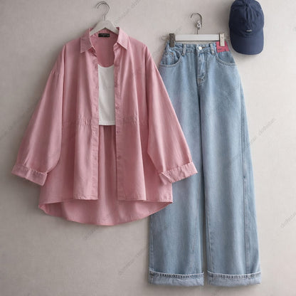 Button-Down Shirt, Rib-Knitted Tank Top & Wide-Leg Jeans Pack of Three