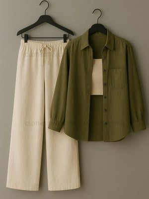 Button-Down Shirt, Beige Rib-Knitted Tank Top & Beige Wide-Leg Trouser Pack of Three