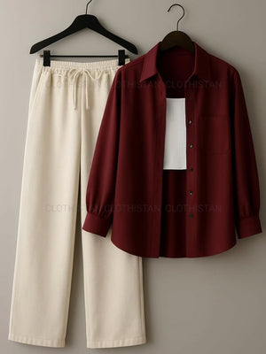 Button-Down Shirt, White Rib-Knitted Tank Top & Beige Wide-Leg Trouser Pack of Three