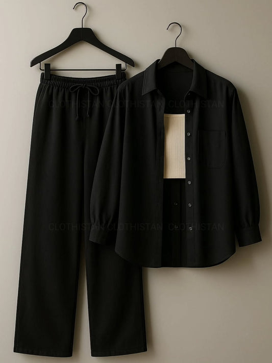 Button-Down Shirt, Rib-Knitted Tank Top & Wide-Leg Trouser Pack of Three