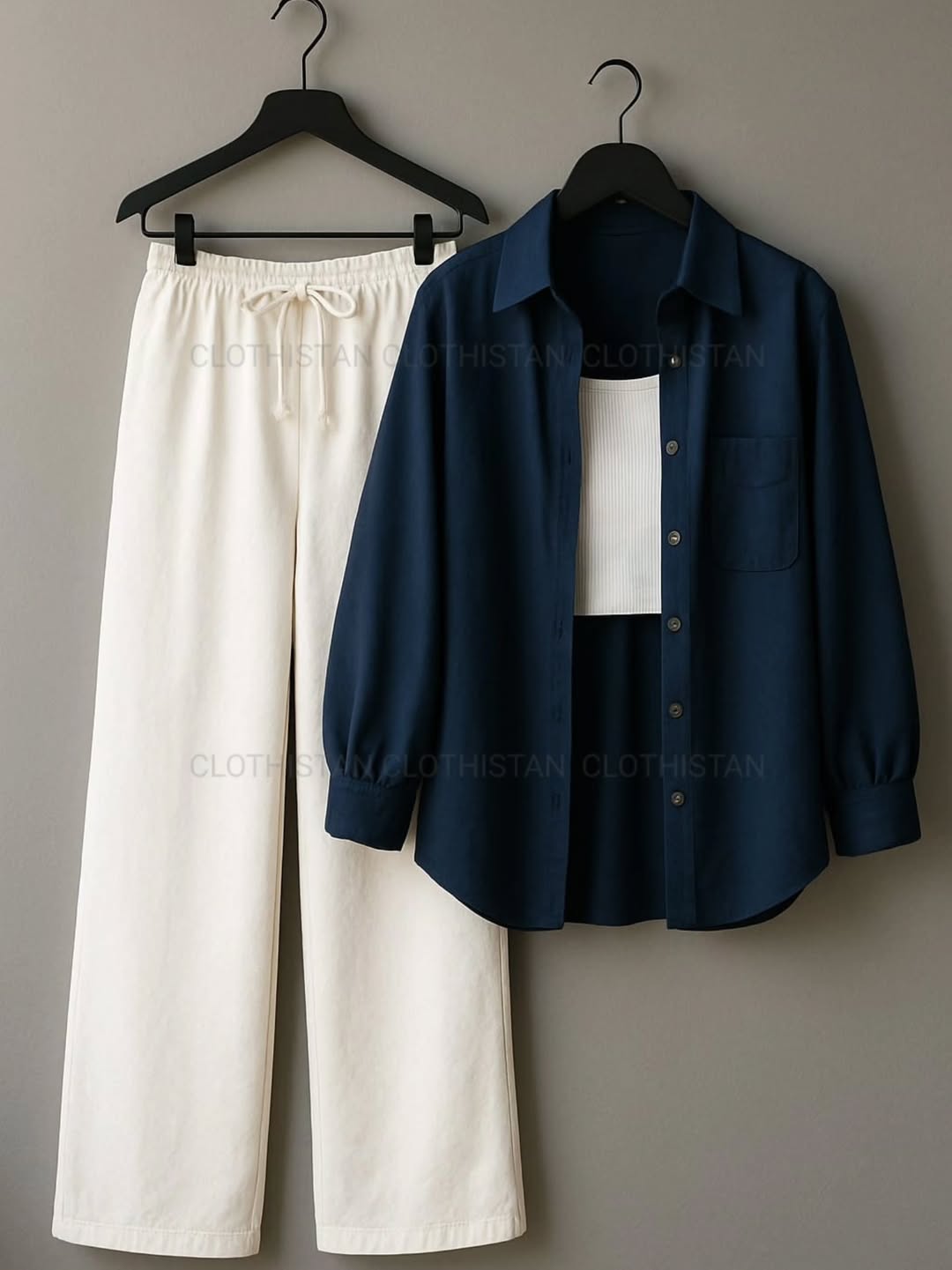 Button-Down Shirt, Rib-Knitted Tank Top & Wide-Leg Trouser Pack of Three