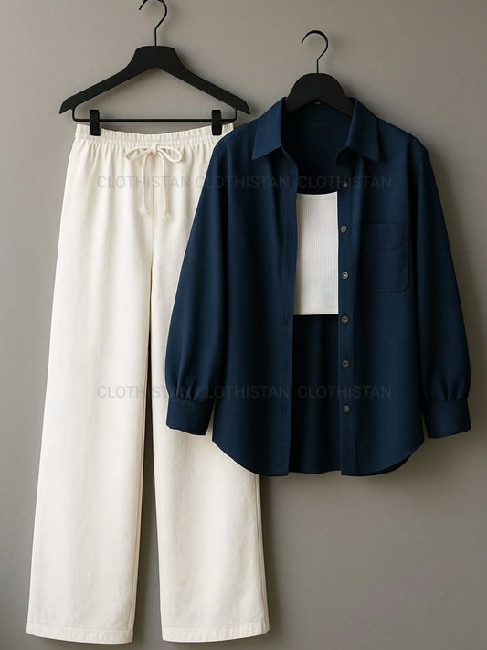 Button-Down Shirt, Rib-Knitted Tank Top & Wide-Leg Trouser Pack of Three