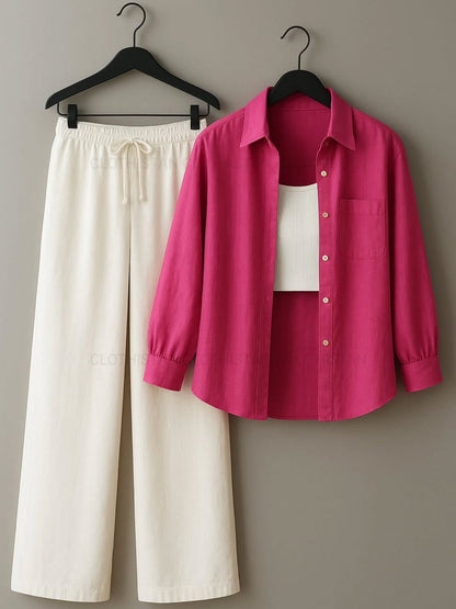 Button-Down Shirt, Rib-Knitted Tank Top & Wide-Leg Trouser Pack of Three