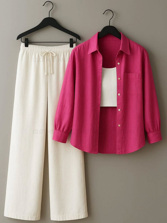 Button-Down Shirt, Rib-Knitted Tank Top & Wide-Leg Trouser Pack of Three