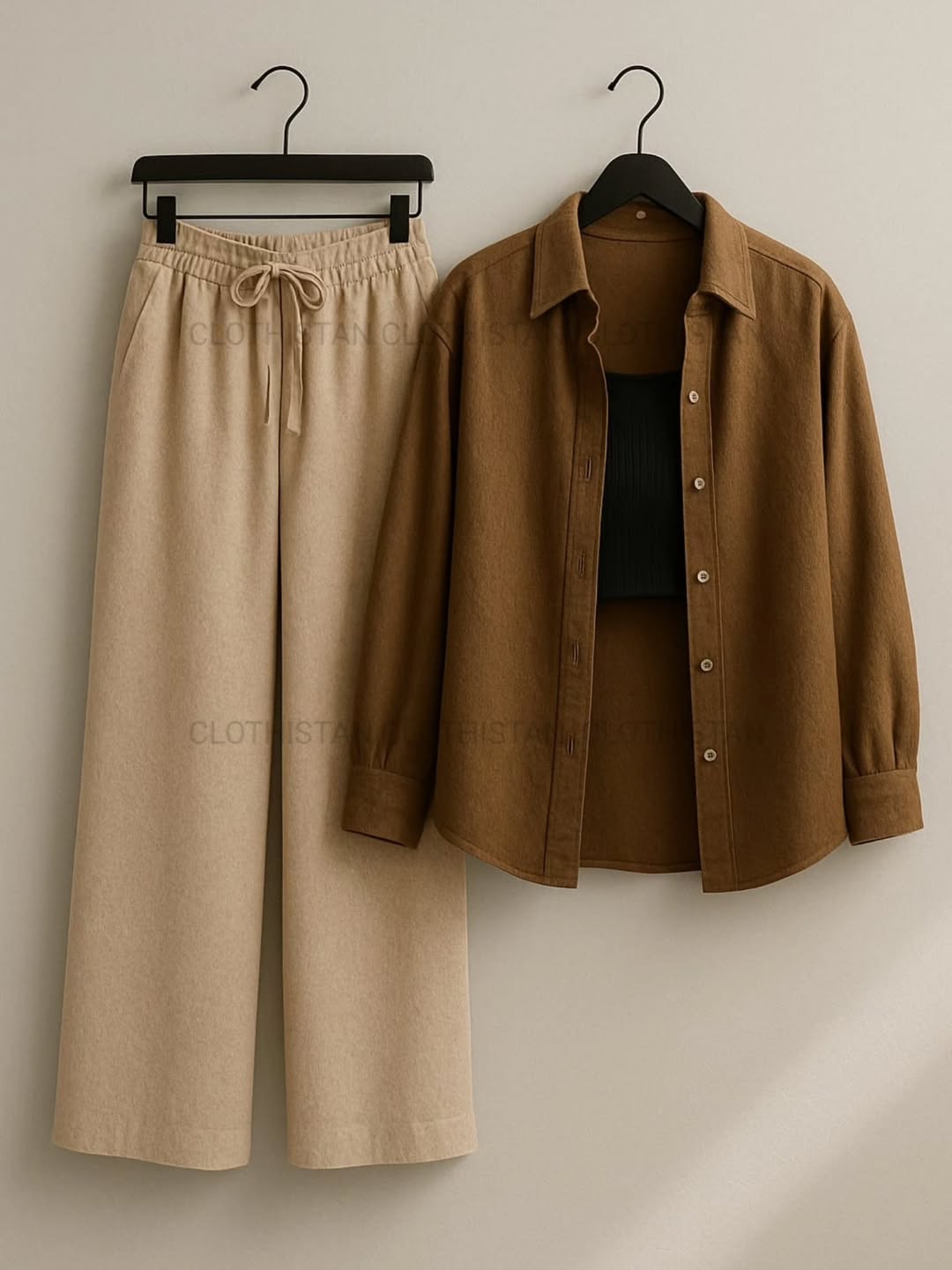 Button-Down Shirt, Rib-Knitted Tank Top & Wide-Leg Trouser Pack of Three