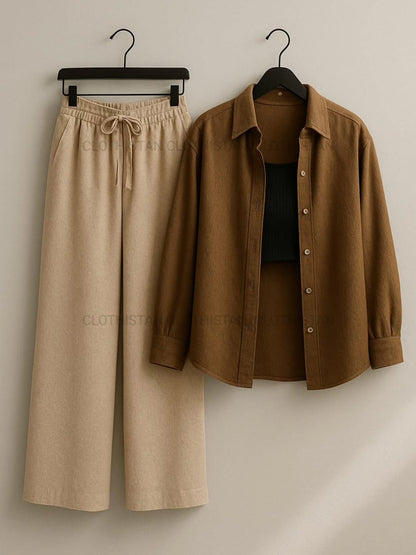 Button-Down Shirt, Black Rib-Knitted Tank Top & Beige Wide-Leg Trouser Pack of Three