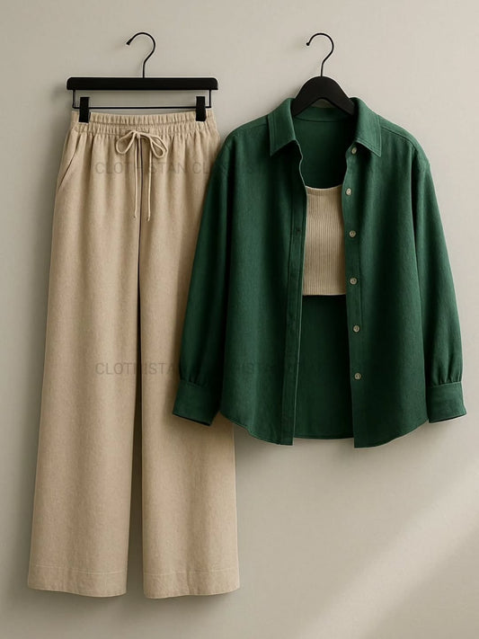 Button-Down Shirt, Rib-Knitted Tank Top & Wide-Leg Trouser Pack of Three