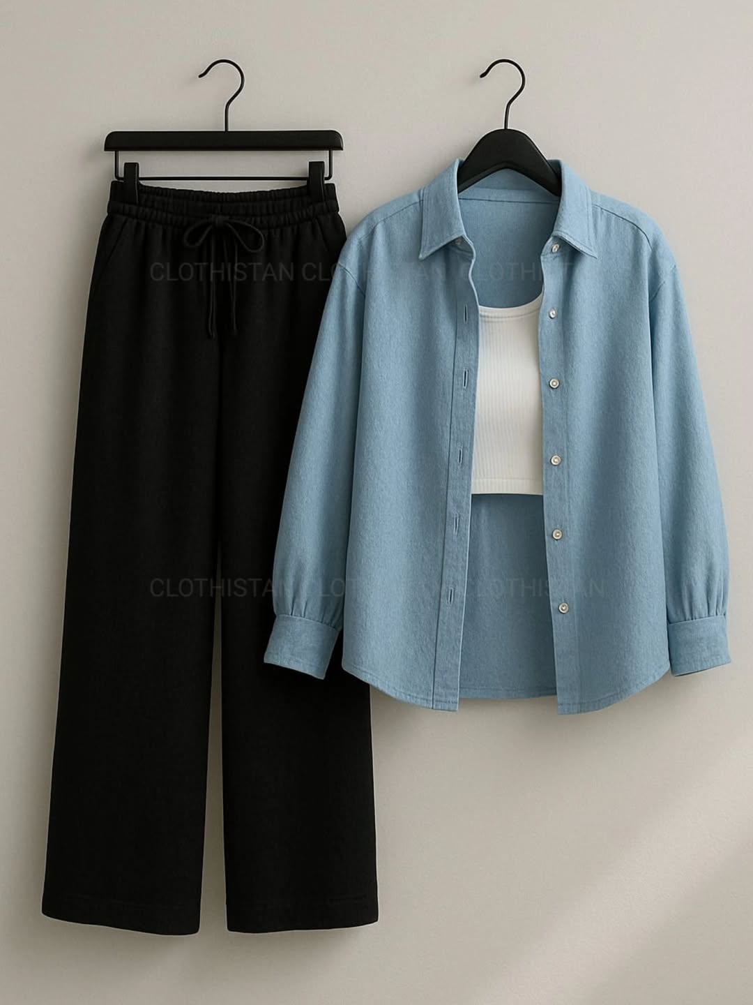 Button-Down Shirt, Rib-Knitted Tank Top & Wide-Leg Trouser Pack of Three