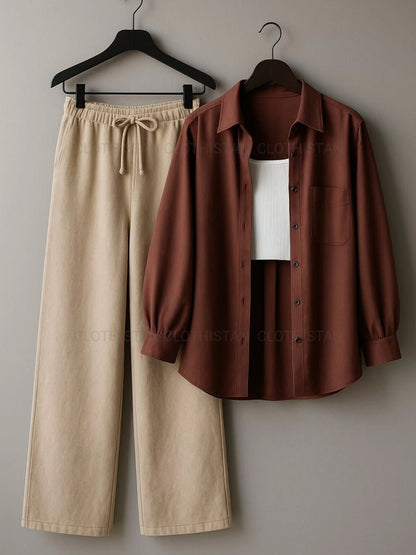 Button-Down Shirt, Rib-Knitted Tank Top & Wide-Leg Trouser Pack of Three