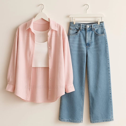 Button-Down Shirt, Rib-Knitted Tank Top & Wide-Leg Jeans Pack of Three