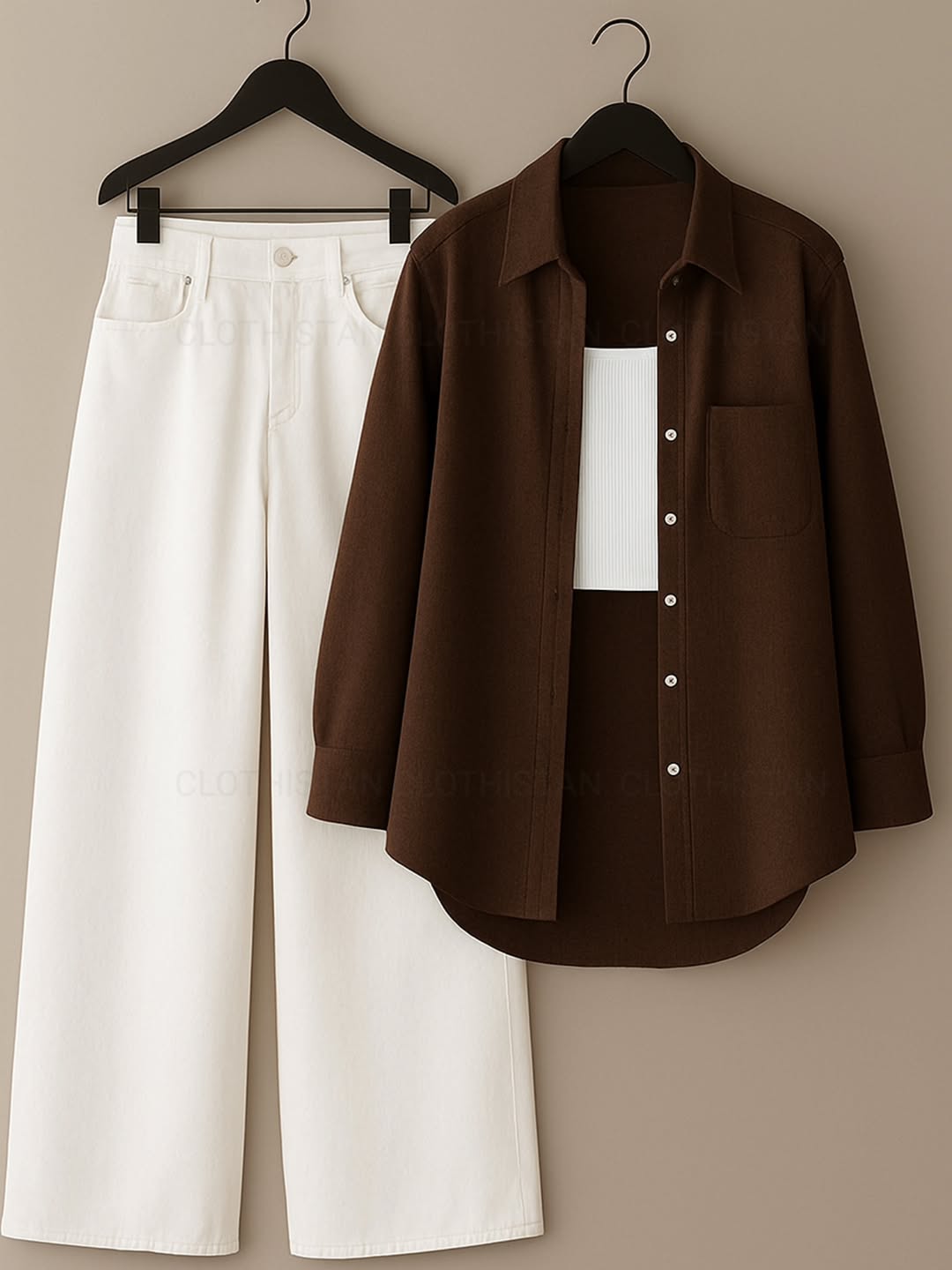 Button-Down Shirt, Rib-Knitted Tank Top & Wide-Leg Jeans Pack of Three