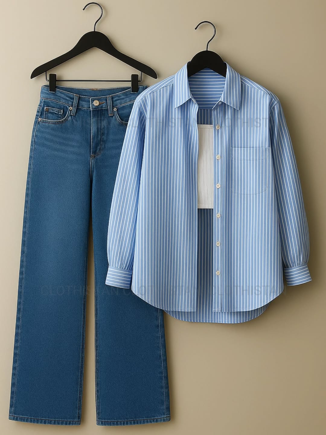 Button-Down Shirt, Rib-Knitted Tank Top & Wide-Leg Jeans Pack of Three