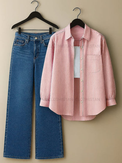 Button-Down Shirt, Rib-Knitted Tank Top & Wide-Leg Jeans Pack of Three