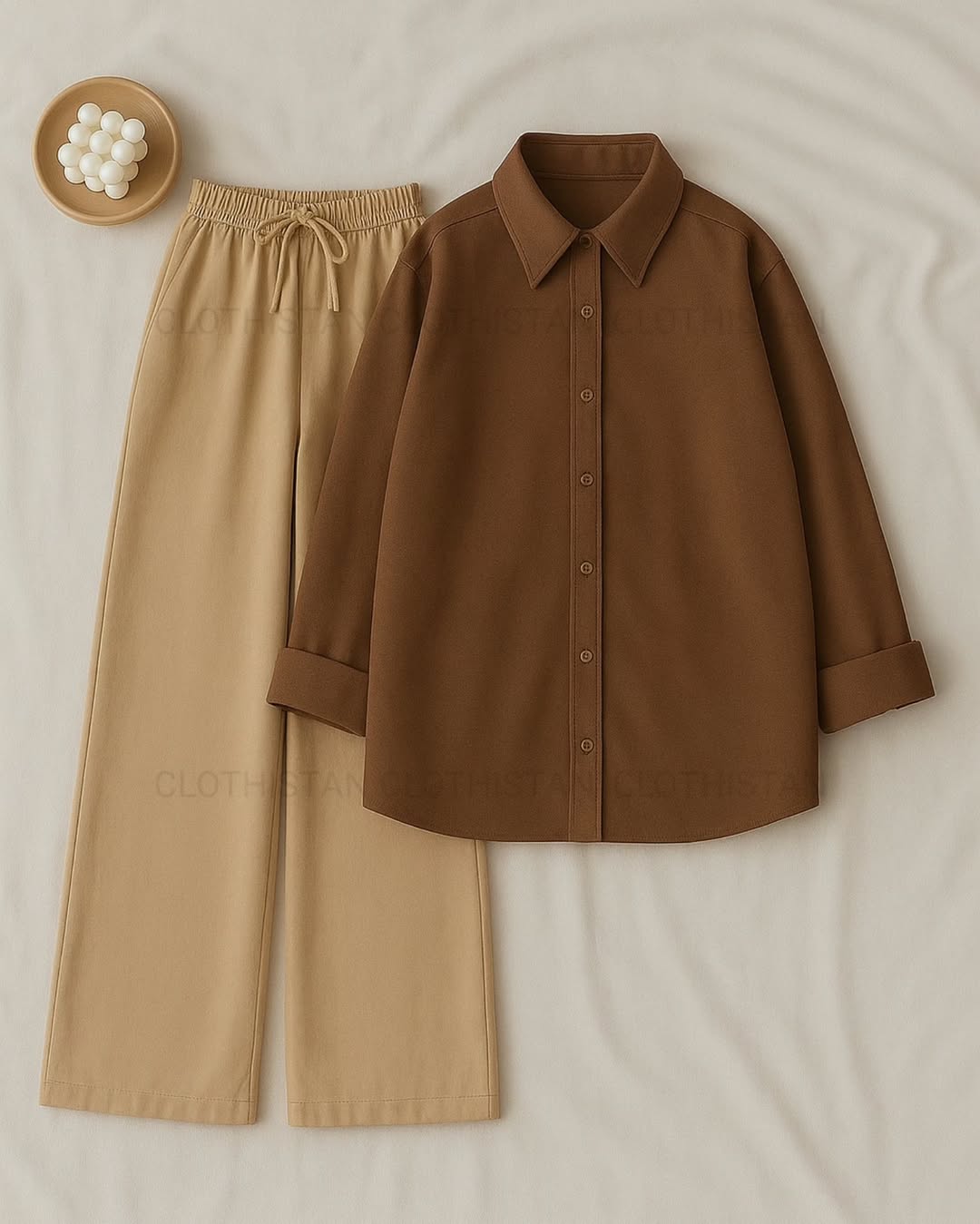 Button-Down Shirt & Beige Wide-Leg Trouser Pack of Two