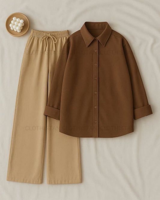 Button-Down Shirt & Beige Wide-Leg Trouser Pack of Two