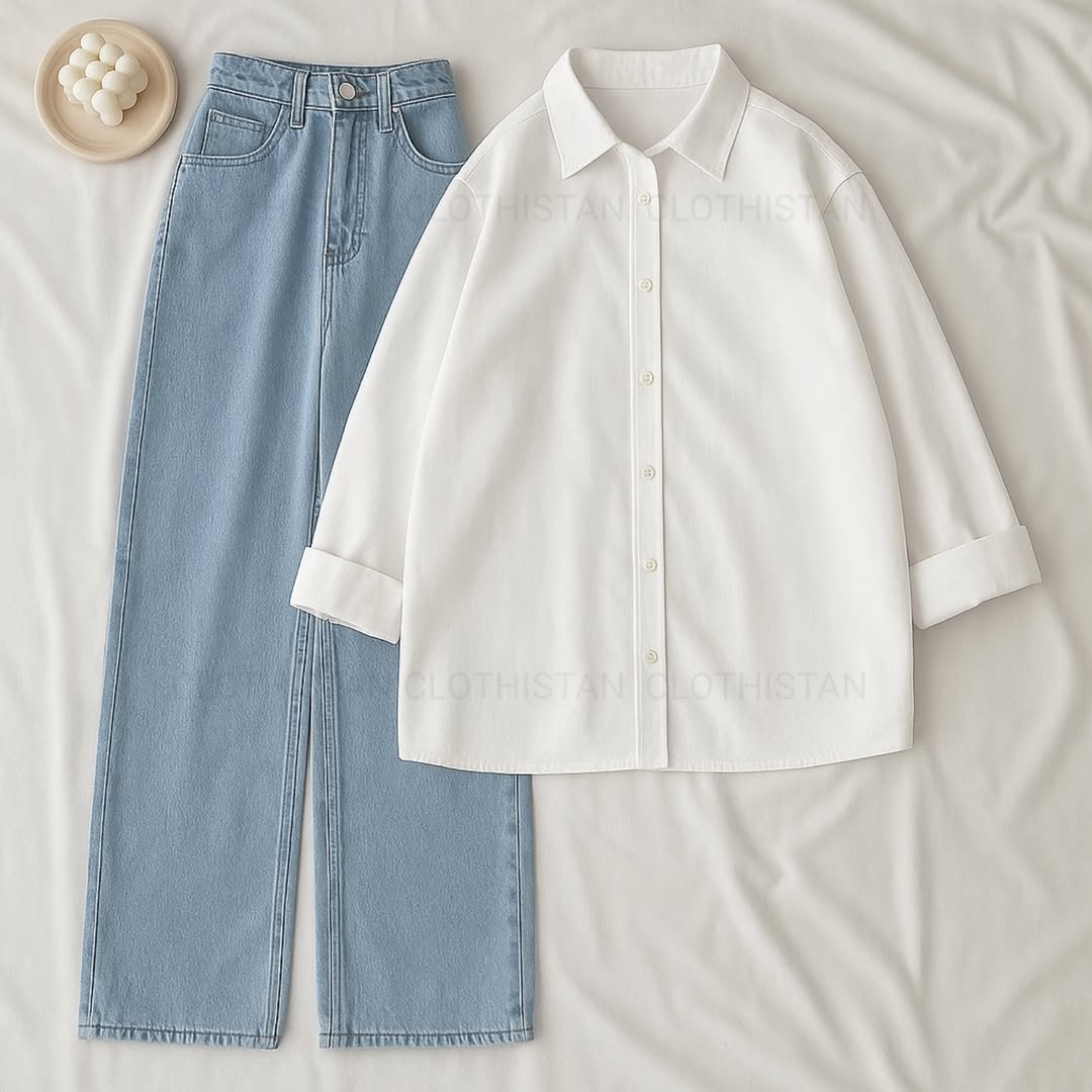 Button-Down Shirt & Sky blue Wide-Leg Jeans Pack of Two