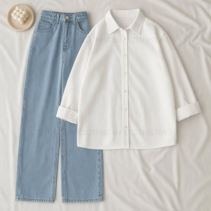 Button-Down Shirt & Sky blue Wide-Leg Jeans Pack of Two