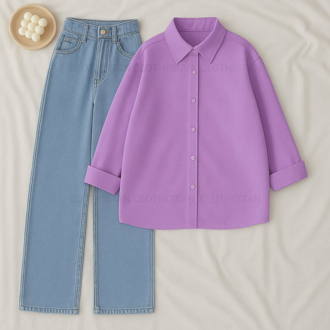Button-Down Shirt & Sky blue Wide-Leg Jeans Pack of Two