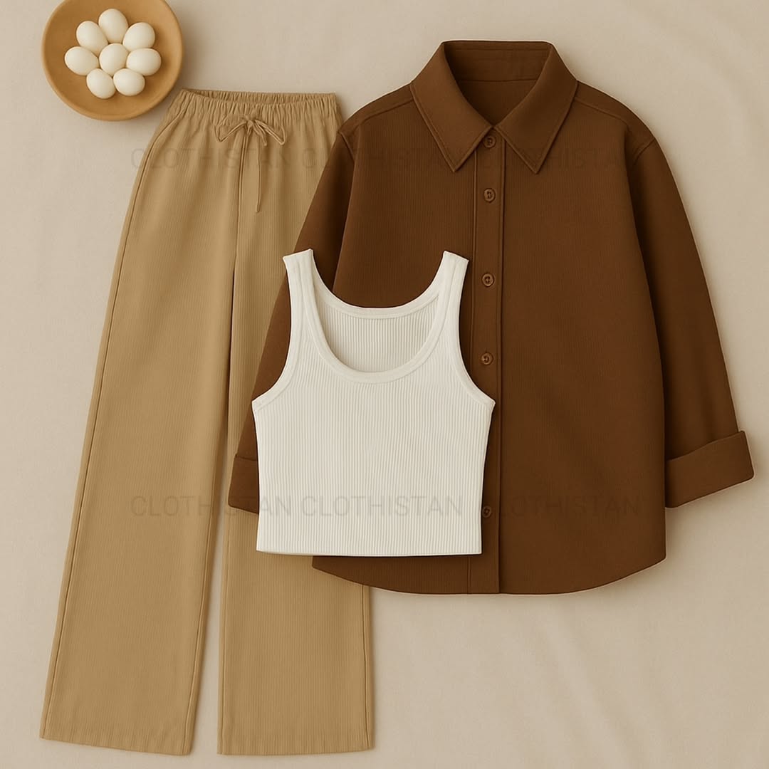 Button-Down Shirt, Rib-Knitted Tank Top & Wide-Leg Trouser Pack of Three