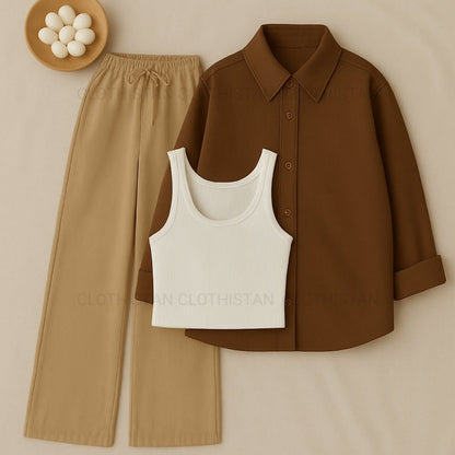 Button-Down Shirt, Rib-Knitted Tank Top & Wide-Leg Trouser Pack of Three