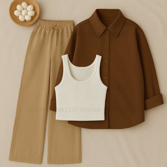 Button-Down Shirt, Rib-Knitted Tank Top & Wide-Leg Trouser Pack of Three