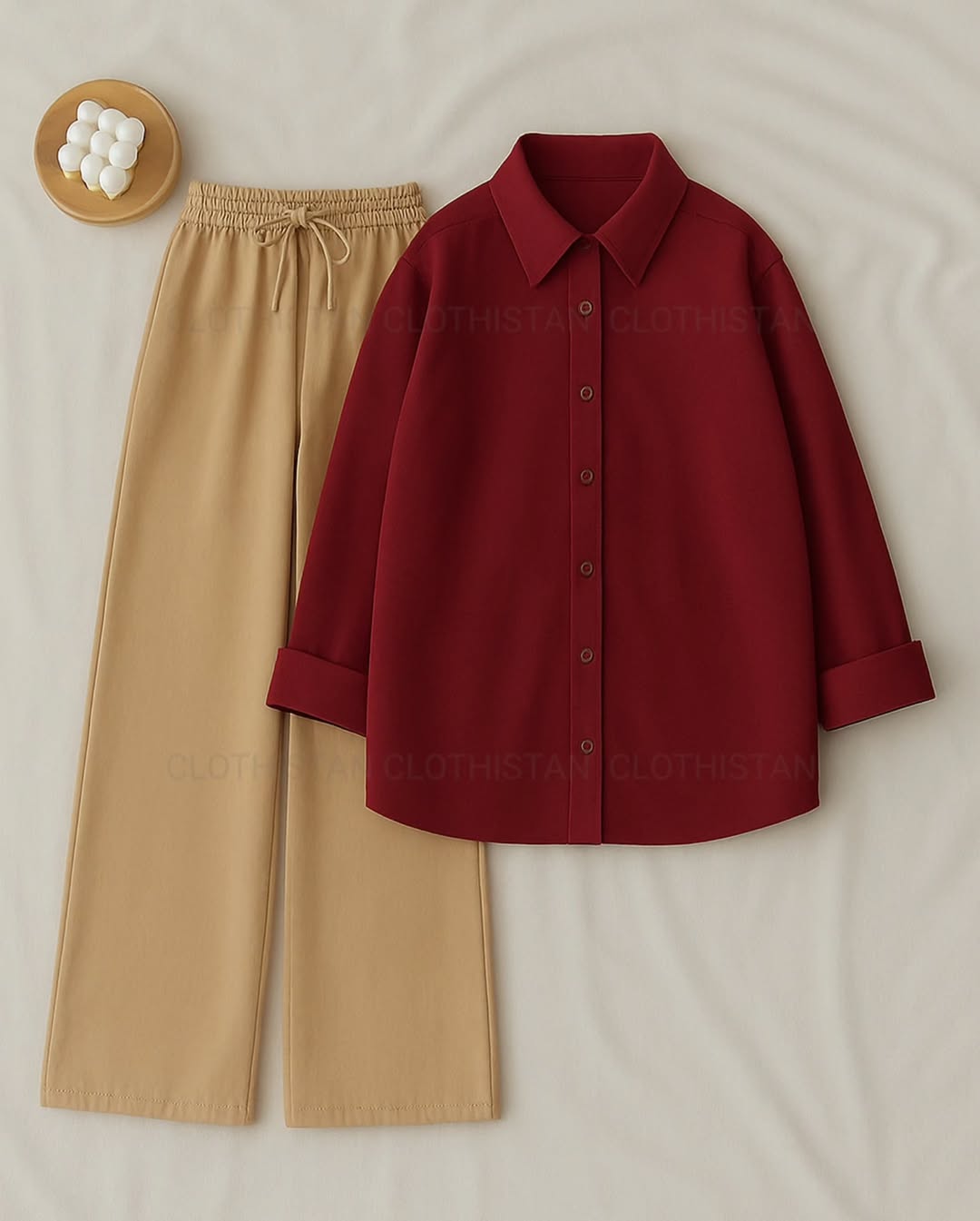 Button-Down Shirt & Beige Wide-Leg Trouser Pack of Two