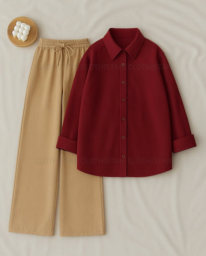 Button-Down Shirt & Beige Wide-Leg Trouser Pack of Two