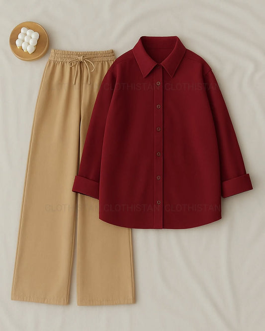 Button-Down Shirt & Beige Wide-Leg Trouser Pack of Two