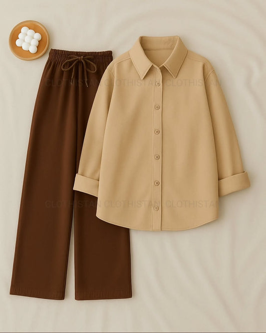 Button-Down Shirt & Brown Wide-Leg Trouser Pack of Two